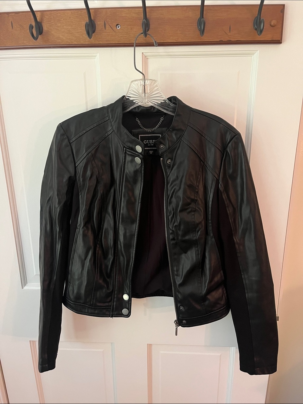 GUESS Black Faux Leather Moto Jacket with Snap Collar